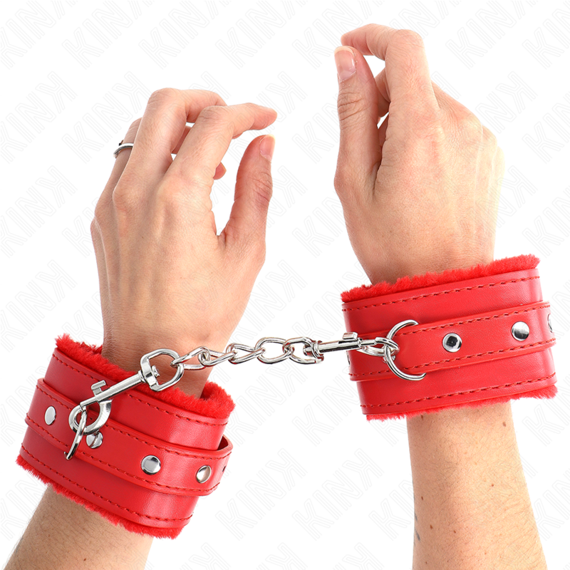 KINK - PREMIUM PELZGEFÜTTERTE HANDGELENKFESSELN ROT MIT VERSTELLBAREM ROTEN GÜRTEL 17-29 CM X 6 CM
