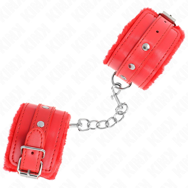KINK - PREMIUM PELZGEFÜTTERTE HANDGELENKFESSELN ROT MIT VERSTELLBAREM ROTEN GÜRTEL 17-29 CM X 6 CM