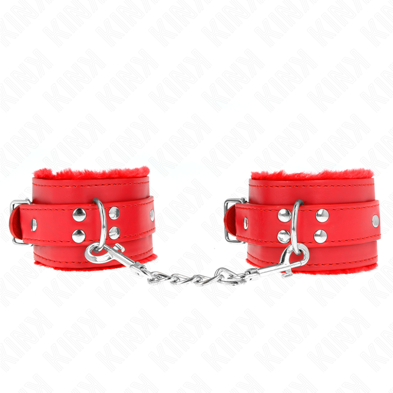 KINK - Pelzgefütterte Handgelenkfesseln Rot mit rotem Gürtel verstellbar 17-29 cm x 6 cm