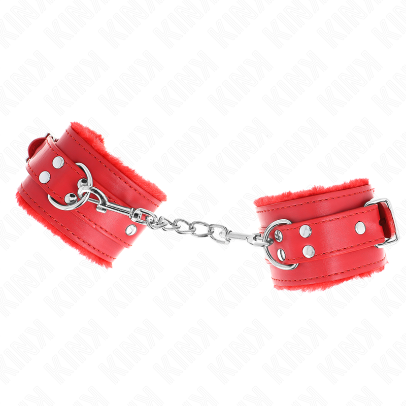 KINK - Pelzgefütterte Handgelenkfesseln Rot mit rotem Gürtel verstellbar 17-29 cm x 6 cm