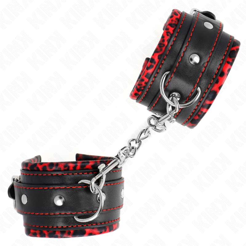 KINK - Pelzgefütterte Handgelenkfesseln Rot/Schwarz Verstellbar 17-29 cm x 6 cm