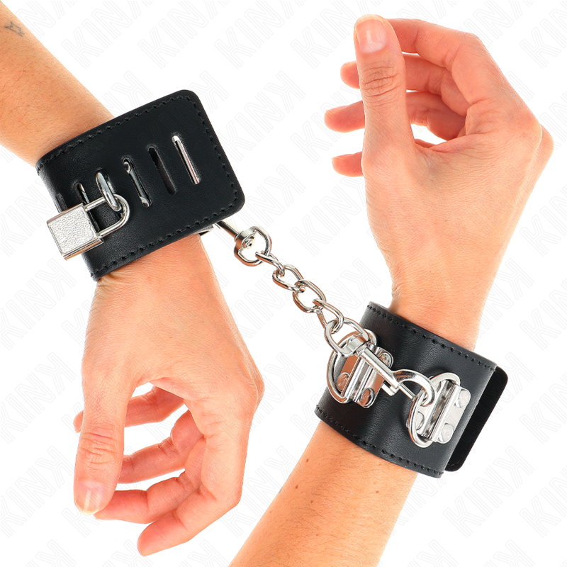 KINK - Multiposition Handgelenkfesseln mit Vorhängeschlossverschluss Schwarz verstellbar 16-23 cm x 5,5 cm