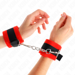 KINK - BEGINNER Pelzhandschellen Schwarz-Rot 30 x 7 cm