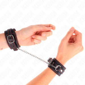 KINK - Kleine Handgelenksfesseln Schwarz mit rotem Futter verstellbar 14-24 cm x 3,5 cm