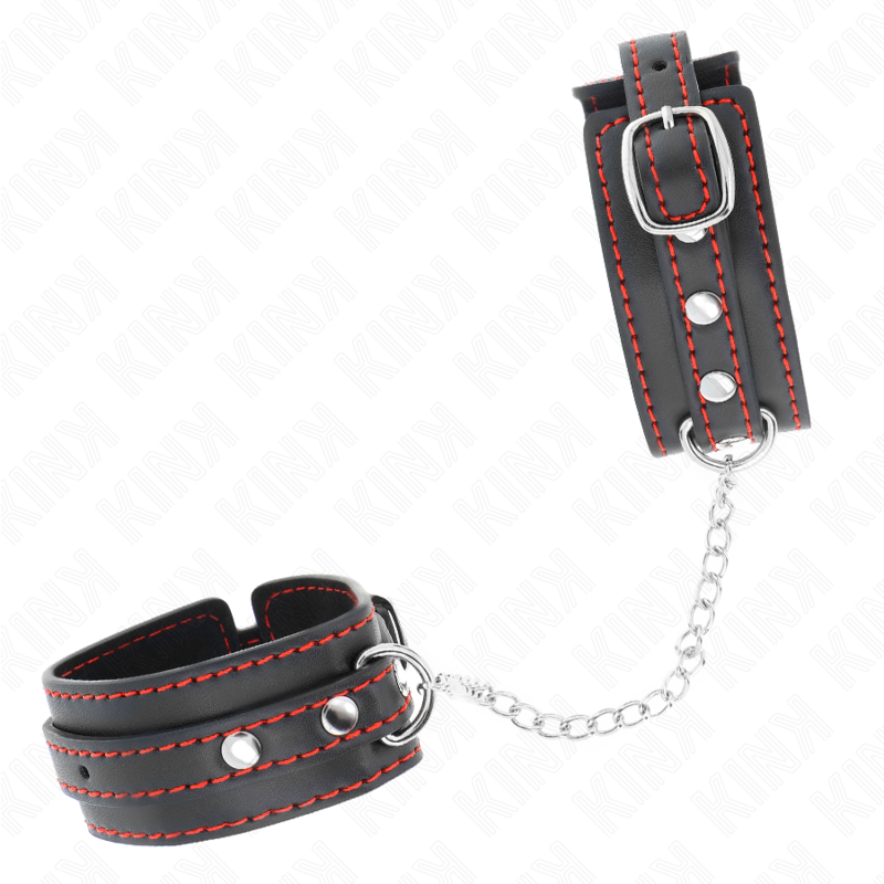 KINK - Kleine Handgelenksfesseln Schwarz mit rotem Futter verstellbar 14-24 cm x 3,5 cm