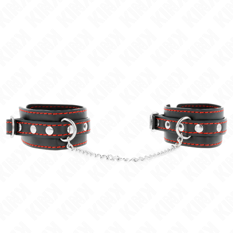 KINK - Kleine Handgelenksfesseln Schwarz mit rotem Futter verstellbar 14-24 cm x 3,5 cm