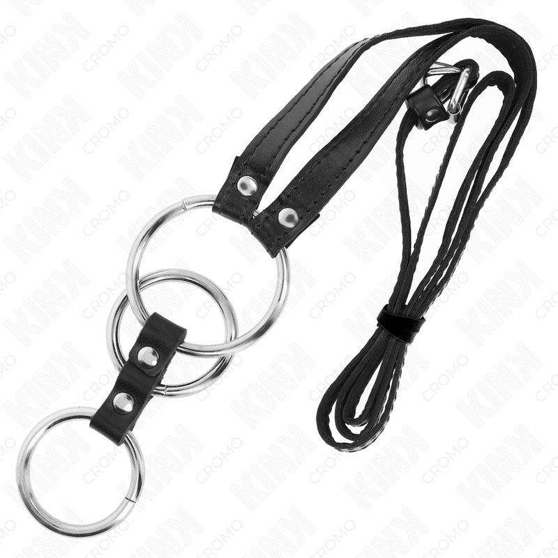 KINK - Dreifach Metall Penisring 3,8 cm bis 5 cm mit Ledergurt 112 cm