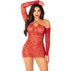 LEG AVENUE - Off-Shoulder langärmliges Mesh-Minikleid Rot