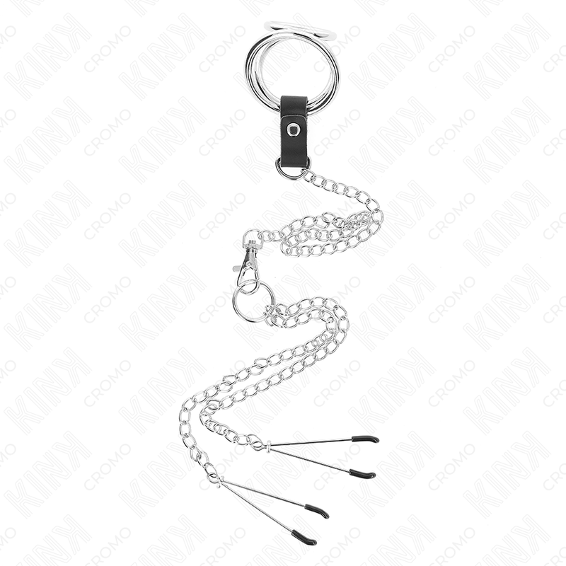 KINK - Dreifach Chrom Metall Penisring 3 cm bis 4,5 cm mit 26 cm Metallkette und Brustklammern