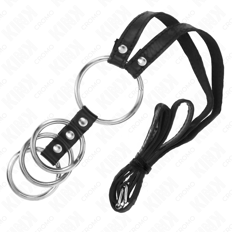 KINK - 4 verbundene Penisringe aus Metall 3,8 cm bis 5 cm mit Ledergurt 112 cm