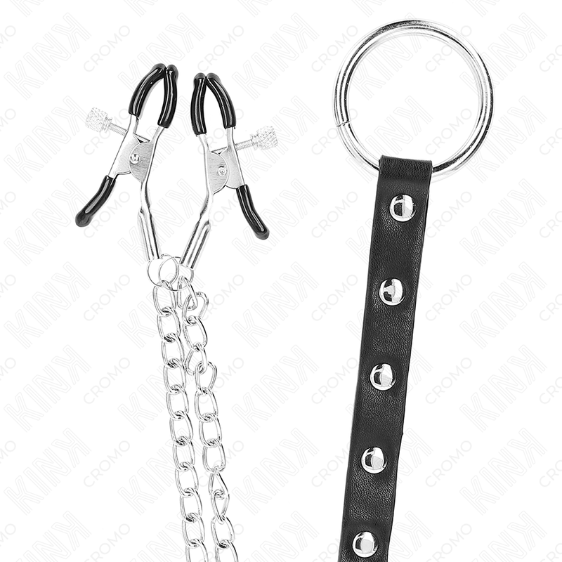 KINK - Metall-Penisring mit Kette und verstellbaren Brustklammern