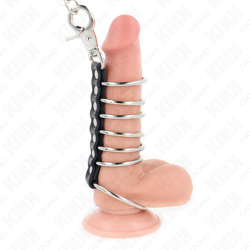 KINK - 7 Penisringe aus Metall 3,8 cm bis 5 cm verbunden mit Leder und Metallkette 100 cm