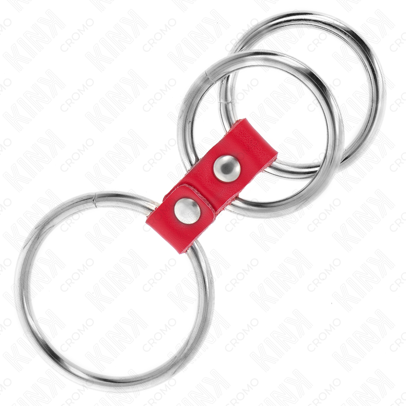 KINK - DREIFACHER METALL PENISRING 3,7 CM BIS 5 CM VERBUNDEN MIT ROTEM LEDER