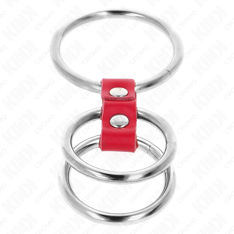 KINK - DREIFACHER METALL PENISRING 3,7 CM BIS 5 CM VERBUNDEN MIT ROTEM LEDER