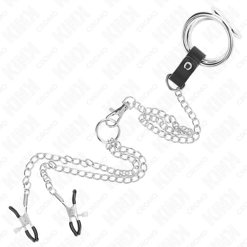 KINK - Dreifach Chrom Metall Penisring 3,8 cm bis 5 cm mit 26 cm Metallkette und Nippelklemmen Modell 1