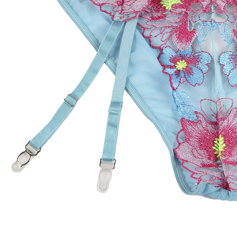 SUBBLIME - 954109 BH + Höschen mit Strumpfgürtel Blumendesign Blau S/M