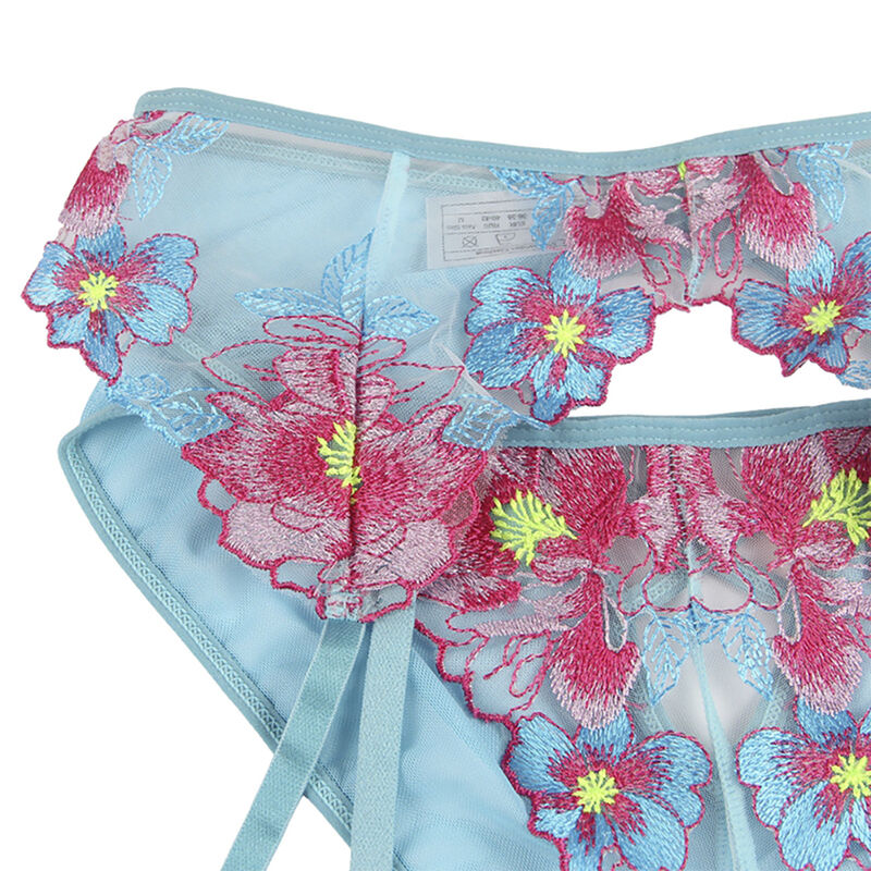 SUBBLIME - 954109 BH + Höschen mit Strumpfgürtel Blumendesign Blau S/M