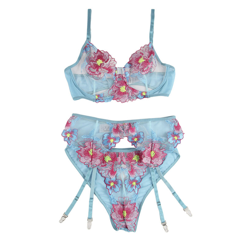 SUBBLIME - 954109 BH + Höschen mit Strumpfgürtel Blumendesign Blau S/M