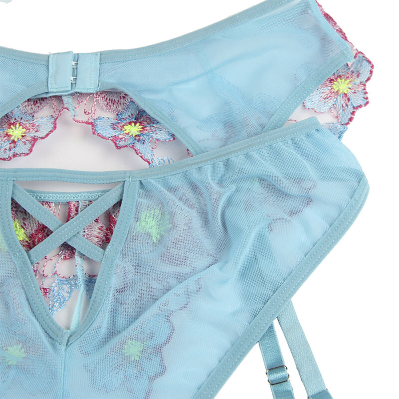 SUBBLIME - 954109 BH + Höschen mit Strumpfgürtel Blumendesign Blau S/M