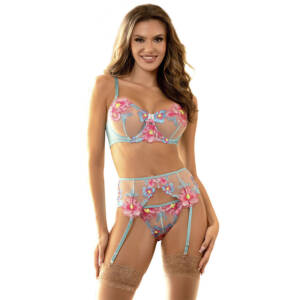 SUBBLIME - 954116 BH + Höschen mit Strumpfgürtel Blumendesign Blau L/XL