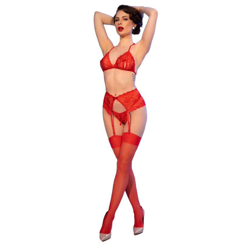 CHILIROSE - CR 4848 Rotes Spitzen-BH- + String- + Strümpfe-Set XL