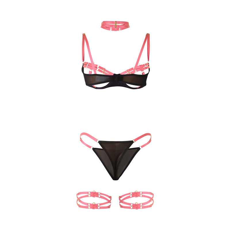 SUBBLIME - 955298 BH-SET MIT HALSKETTE UND BEINDETAILS FLUORESZIERENDES ROSA S/M