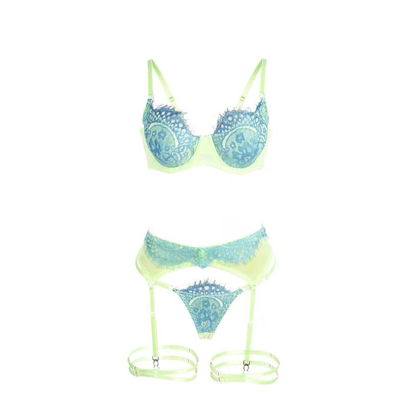 SUBBLIME - 955311 BH-SET MIT SPITZE UND STRUMPFBAND GRÜN UND BLAU S/M