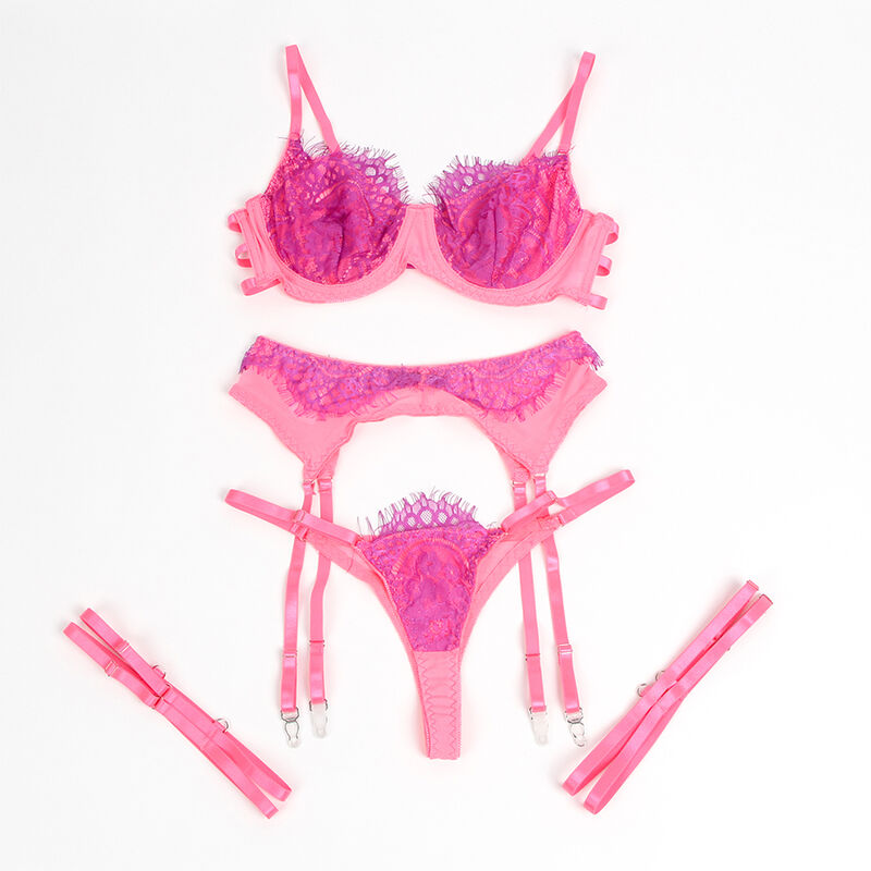 SUBBLIME - 955359 BH-SET MIT SPITZE UND STRUMPFBÄNDERN ROSA UND LILA S/M