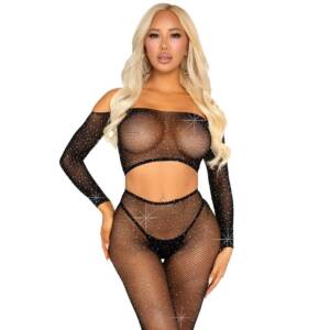 CROP TOP UND NETZLEGGING MIT STRASSSTEINEN SCHWARZ