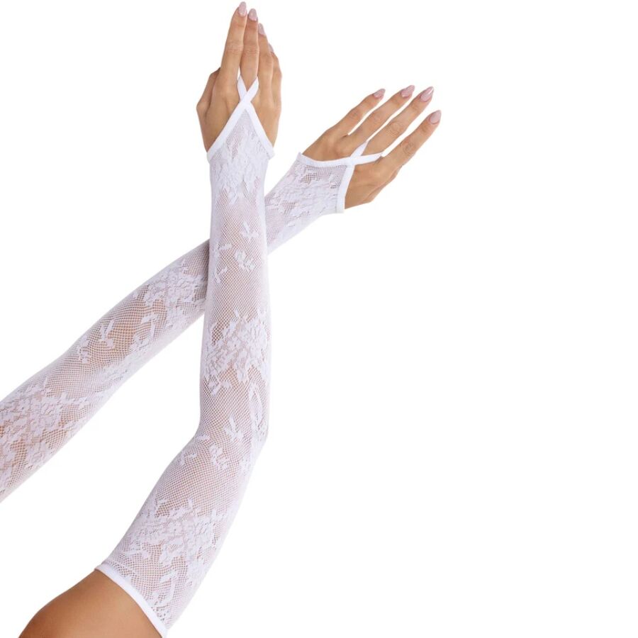 EXTRA LANGE ARMWÄRMERHANDSCHUHE MIT BLUMENSPITZE, WEISS