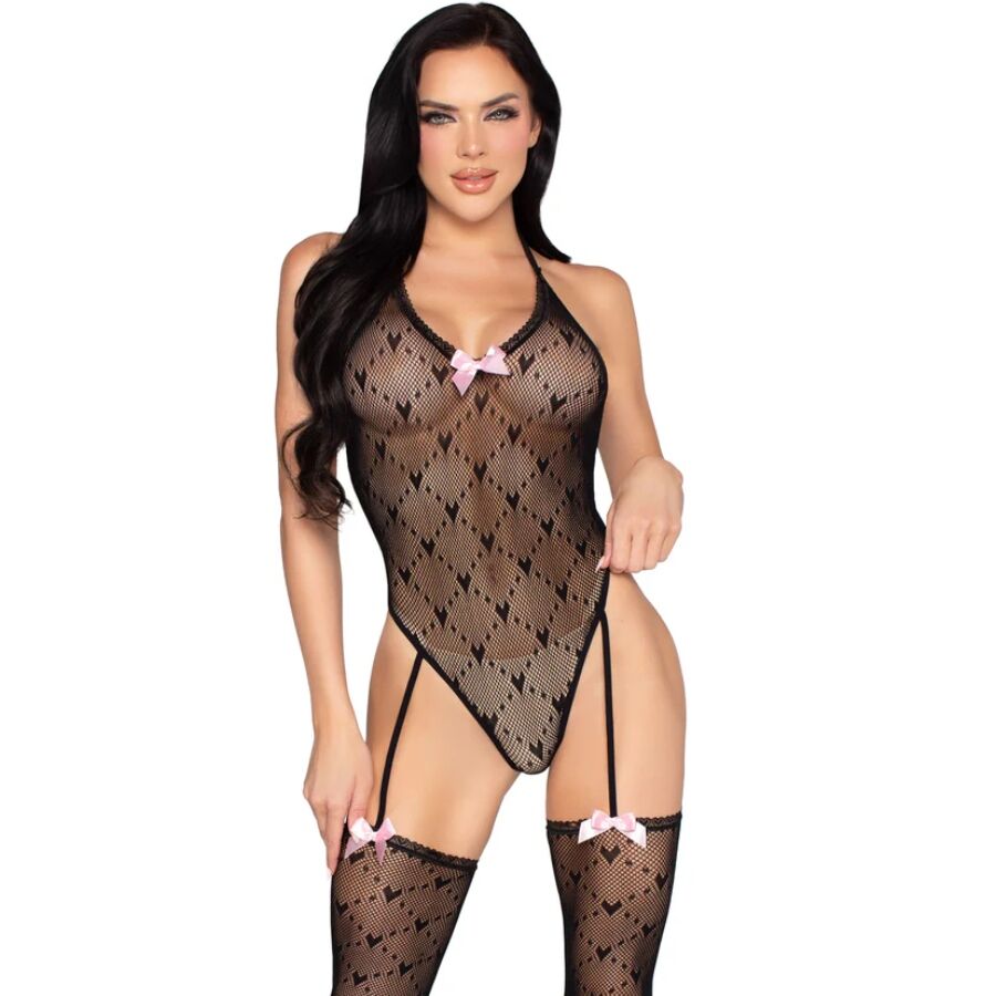 LEG AVENUE - 89360 Bodysuit mit offenem Rücken und Strumpfgürtel Schwarz - Eine Größe