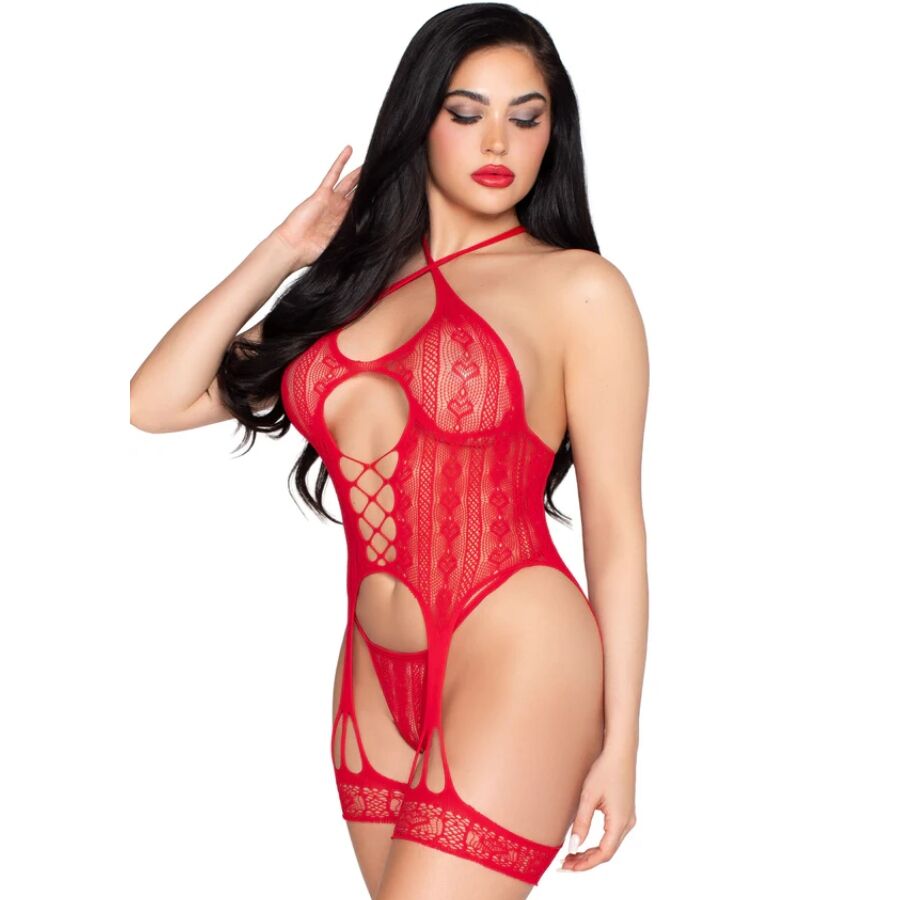 LEG AVENUE - 89338 Offener Spitzen-Bodysuit mit Strumpfgürtel + String Rot - Eine Größe