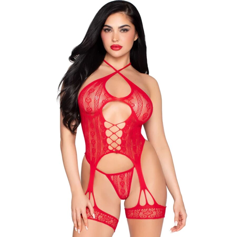 LEG AVENUE - 89338 Offener Spitzen-Bodysuit mit Strumpfgürtel + String Rot - Eine Größe