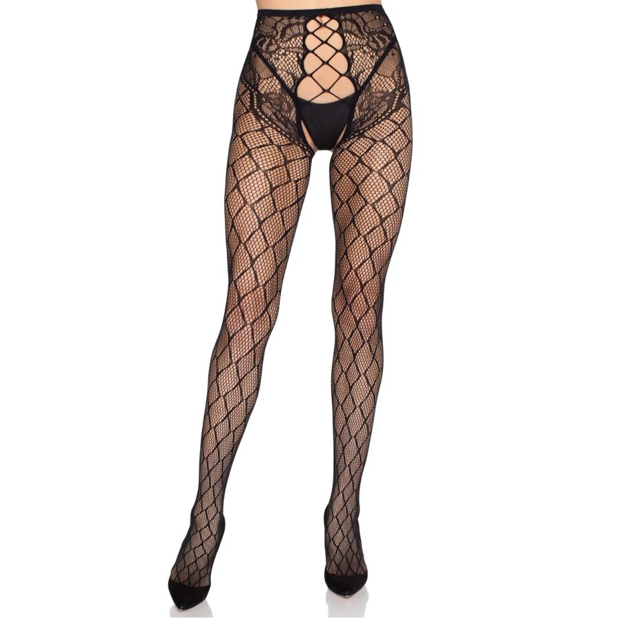 LEG AVENUE - 1966 Netzstrumpfhose mit offenem Schritt, Schwarz - Einheitsgröße