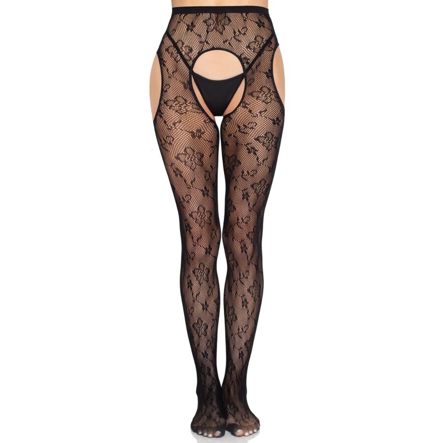 1967 BLOOM NETZ-STRUMPFHOSE MIT STRUMPFHALTERN, SCHWARZ - EINHEITSGRÖSSE