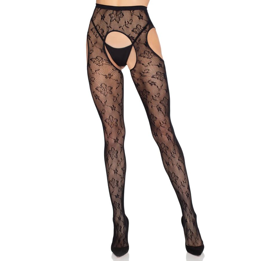 1967 BLOOM NETZ-STRUMPFHOSE MIT STRUMPFHALTERN, SCHWARZ - EINHEITSGRÖSSE