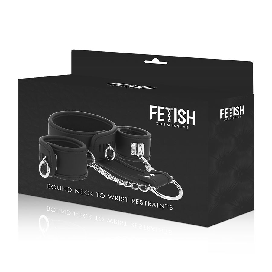 FETISH SUBMISSIVE - HALSKETTE UND HANDSCHELLEN AUS VEGANEM LEDER MIT NEOPREN-FUTTER
