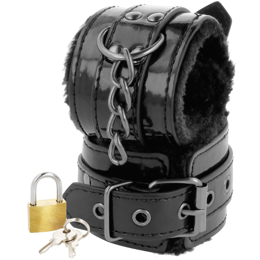 DARKNESS - Schwarze, verstellbare Lederhandschellen mit Vorhängeschloss