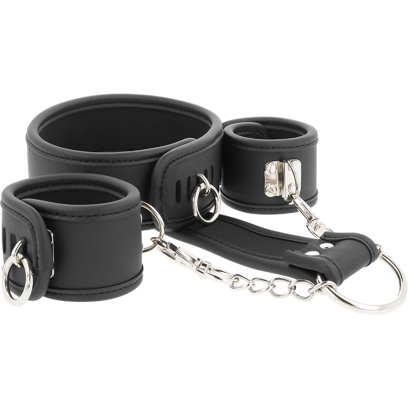 FETISH SUBMISSIVE - HALSKETTE UND HANDSCHELLEN AUS VEGANEM LEDER MIT NEOPREN-FUTTER