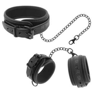 FETISH SUBMISSIVE - HALSKETTE UND HANDSCHELLEN AUS VEGANEM LEDER MIT NEOPREN-FUTTER