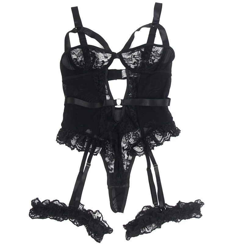 SUBBLIME - Teddy mit Strumpfband mit Spitzen-Detail und Streifen Schwarz S/M