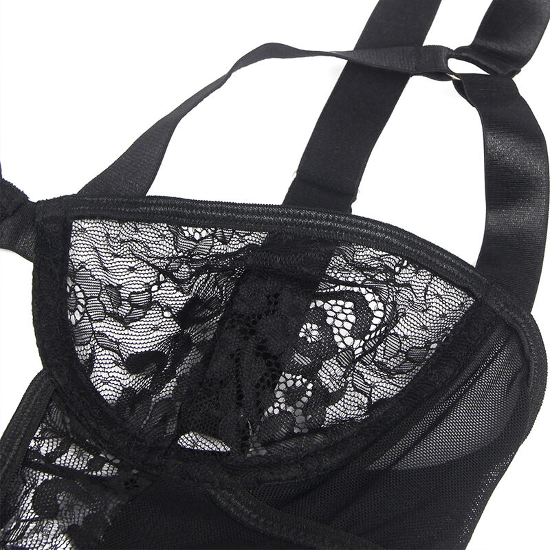 SUBBLIME - Teddy mit Strumpfband mit Spitzen-Detail und Streifen Schwarz L/XL