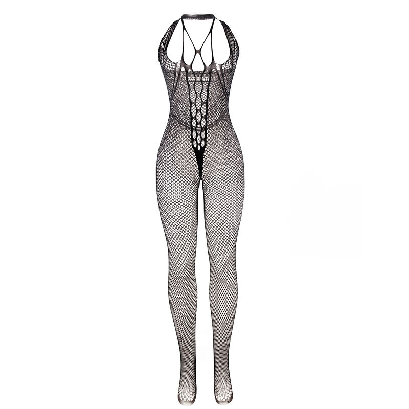 SUBBLIME - 951788 Langer Netz-Bodystocking mit Riemen auf Brust und Rücken Schwarz Einheitsgröße