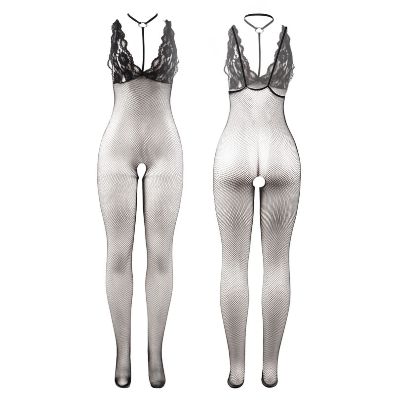 SUBBLIME - 951993 Schwarz transparenter Netz-Bodystocking mit schrittfreiem Unterteil, eine Größe