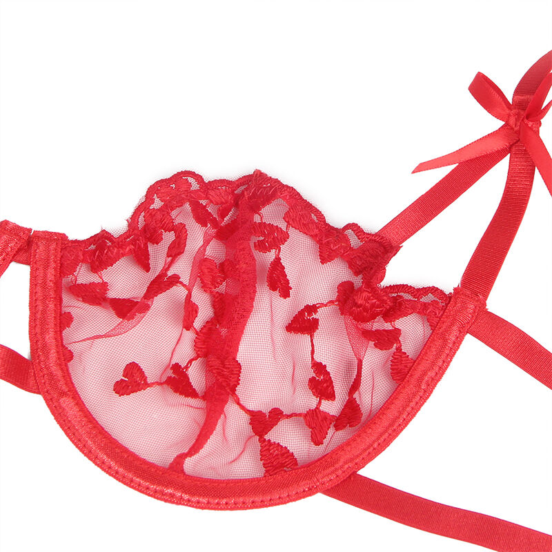 SUBBLIME - 954321 BH + String + Strumpfgürtel mit Herzdruck Rot S/M