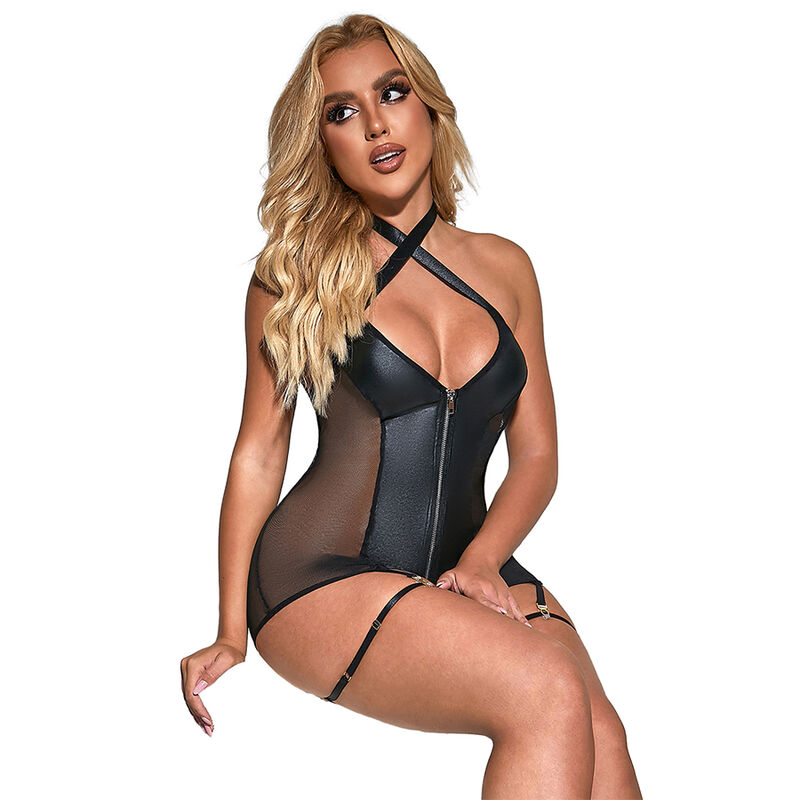 SUBBLIME - 954444 Sexy Mesh Kleid Leder Schwarz S/M