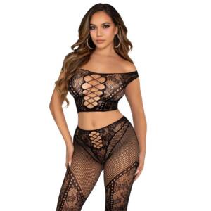 CROP TOP UND NETZLEGGING MIT FREIEN SCHULTERN SCHWARZ