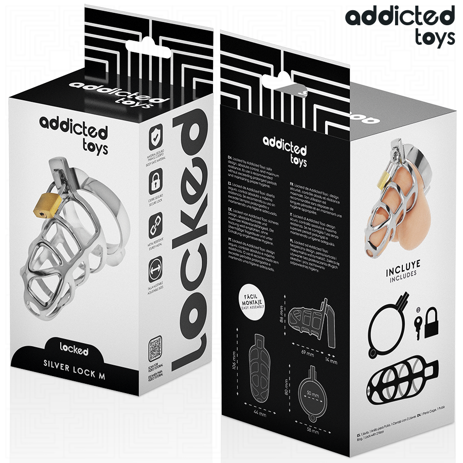 ADDICTED TOYS LOCKED - Silbernes Schloss Peniskäfig Metall Größe M
