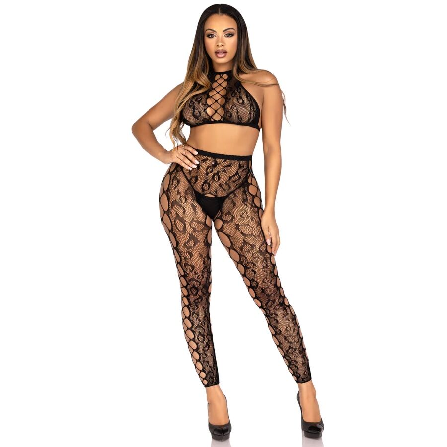 LEG AVENUE - 89372 Crop-Top und schrittlose Strumpfhose, Schwarz - Einheitsgröße