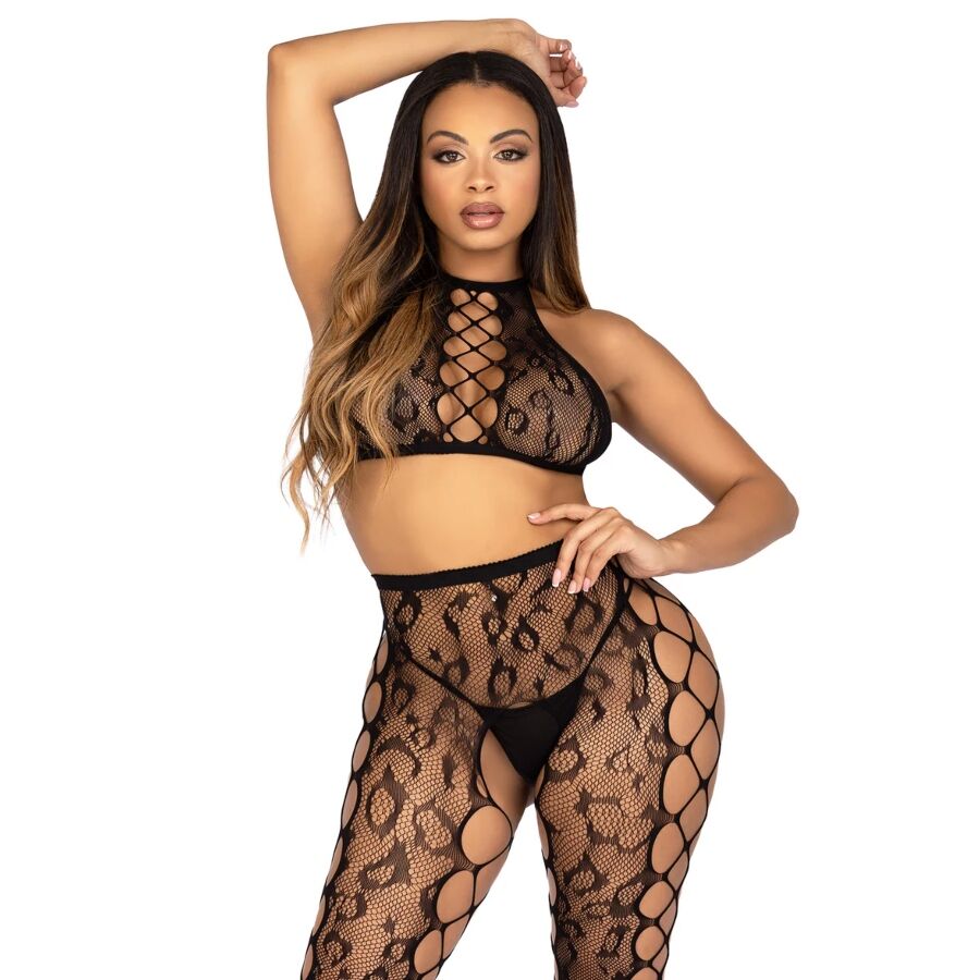 LEG AVENUE - 89372 Crop-Top und schrittlose Strumpfhose, Schwarz - Einheitsgröße